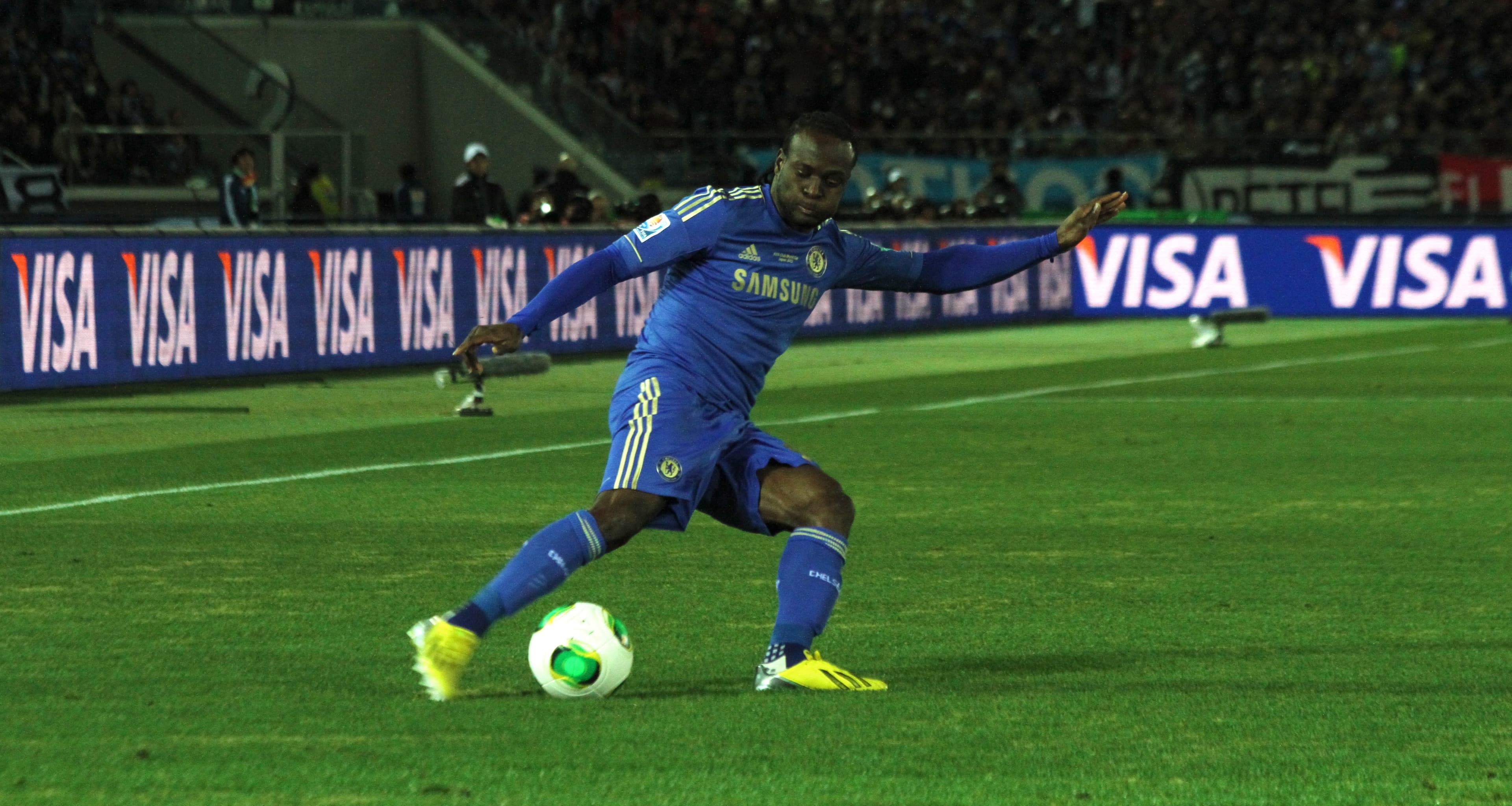 Victor Moses races past his marker while representing Chelsea in Yokohama.